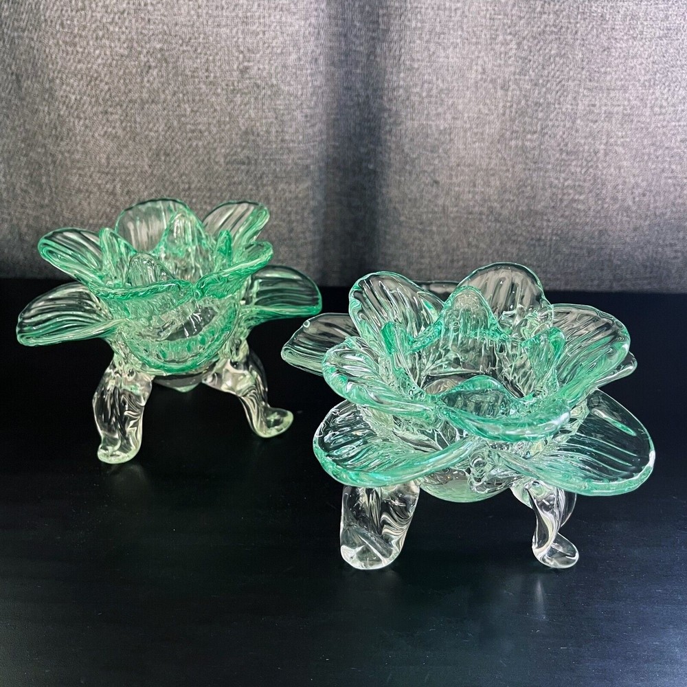 Vintage Green Art Glass Lotus Flower Votive Tealight Three-Footed Candle Holder